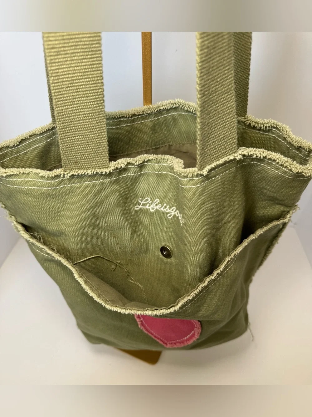 Life is Good Olive Canvas Frayed Heart Tote